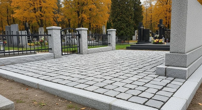 Благоустройство захоронений в Самаре — мощение гранитной плиткой, цоколь и ограда на ухоженном участке