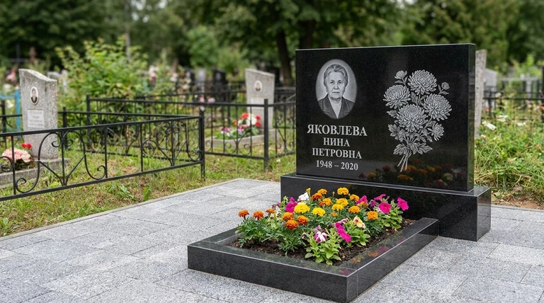 Гравировка хризантем на памятник в Самаре — пример работы на граните