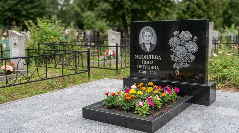 Памятник с гравировкой хризантем — выполненная работа «Соколов» в Самаре