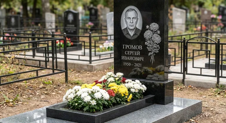 Памятник с гравировкой хризантем — выполненная работа «Громов» в Самаре