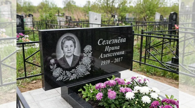 Памятник с гравировкой хризантем — выполненная работа «Селезнёва» в Самаре