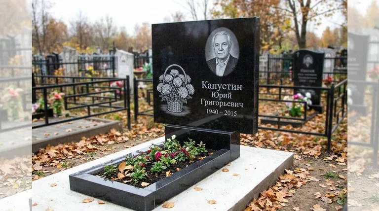 Памятник с гравировкой хризантем — выполненная работа «Капустин» в Самаре