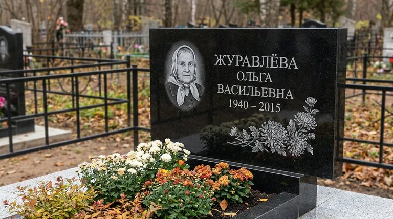 Памятник с гравировкой хризантем — выполненная работа «Журавлёва» в Самаре