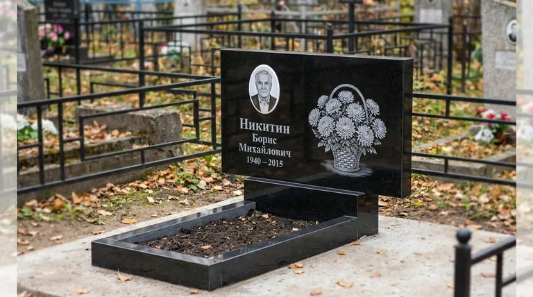 Памятник с гравировкой хризантем — выполненная работа «Никитин» в Самаре