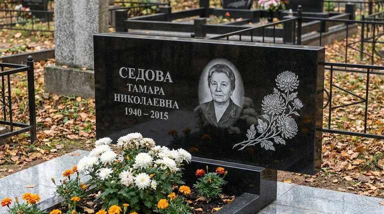 Памятник с гравировкой хризантем — выполненная работа «Седова» в Самаре