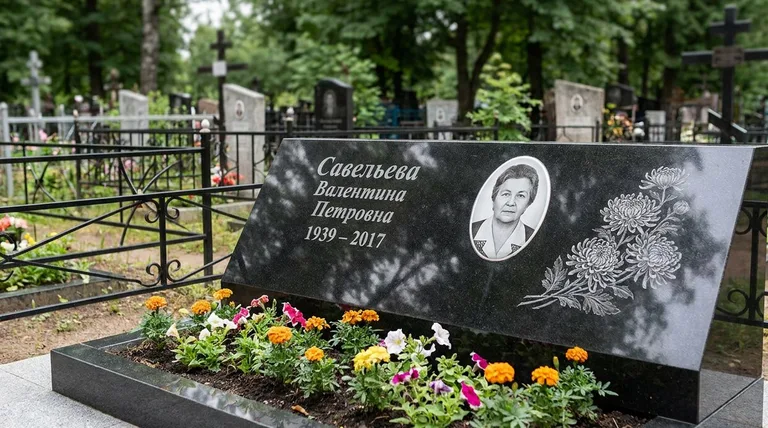 Памятник с гравировкой хризантем — выполненная работа «Савельева» в Самаре