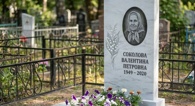Памятник с гравировкой ландышей — выполненная работа «Соколова» в Самаре