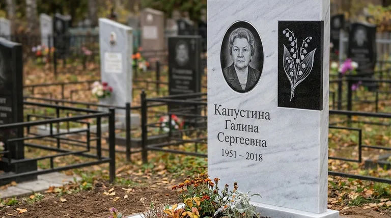 Памятник с гравировкой ландышей — выполненная работа «Капустина» в Самаре