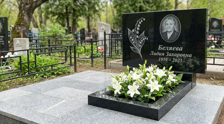 Памятник с гравировкой ландышей — выполненная работа «Беляева» в Самаре