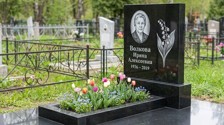 Памятник с гравировкой ландышей — выполненная работа «Волкова» в Самаре