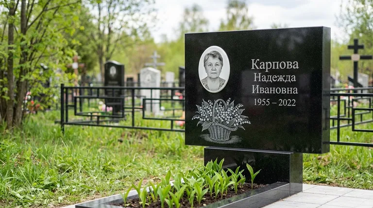 Памятник с гравировкой ландышей — выполненная работа «Карпова» в Самаре