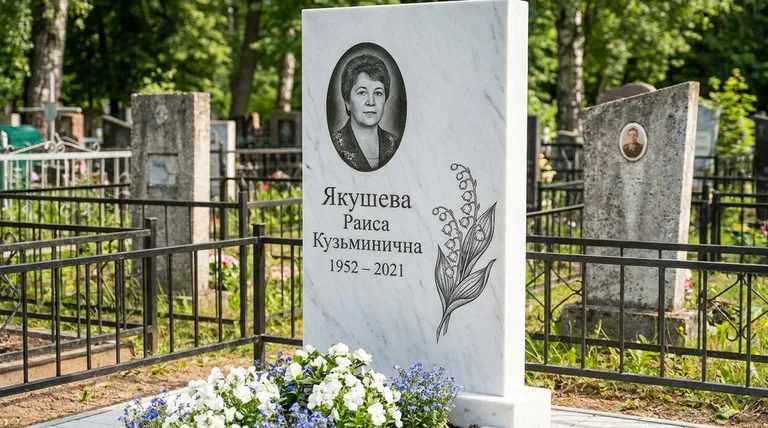 Памятник с гравировкой ландышей — выполненная работа «Якушева» в Самаре