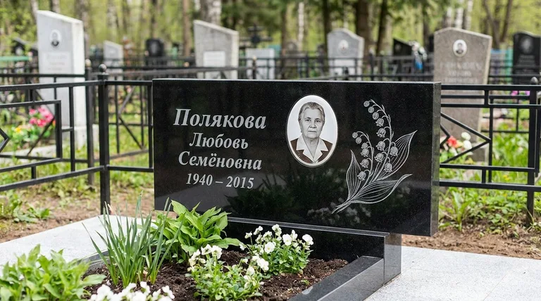 Памятник с гравировкой ландышей — выполненная работа «Полякова» в Самаре