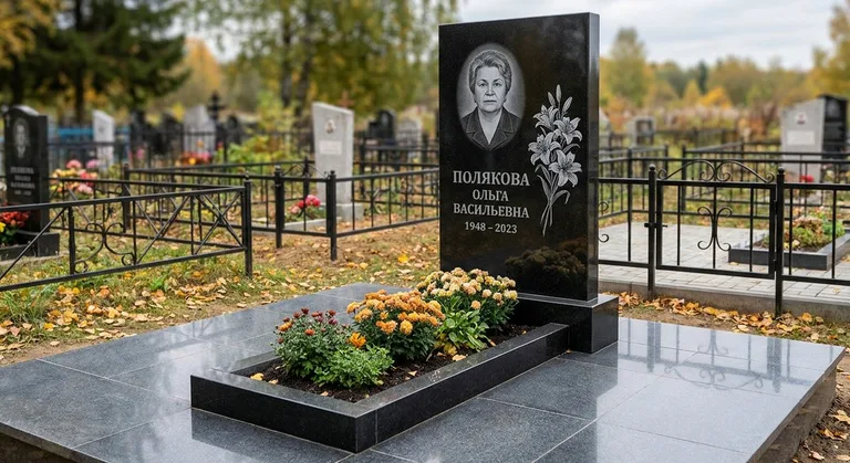 Памятник с гравировкой лилий — выполненная работа «Полякова» в Самаре