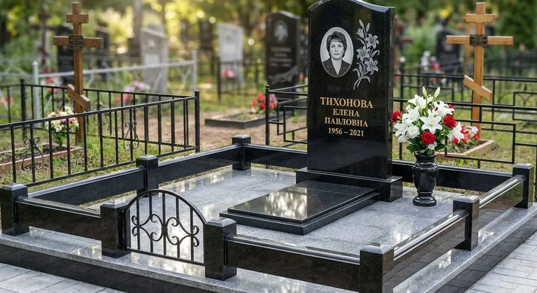 Памятник с гравировкой лилий — выполненная работа «Тихонова» в Самаре