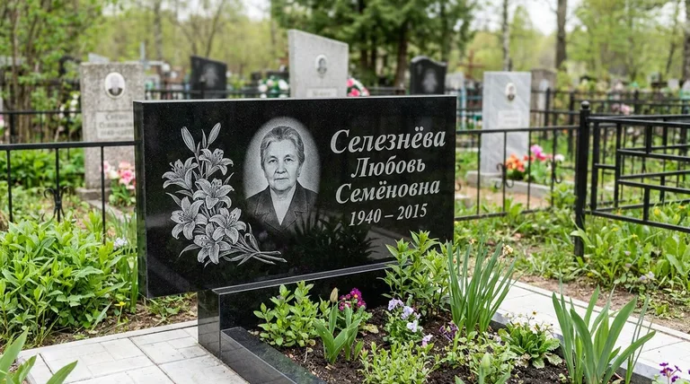 Памятник с гравировкой лилий — выполненная работа «Селезнёва» в Самаре