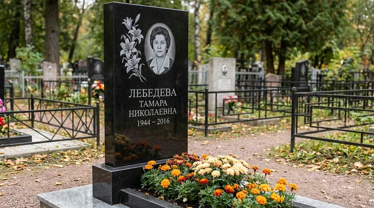 Памятник с гравировкой лилий — выполненная работа «Лебедева» в Самаре