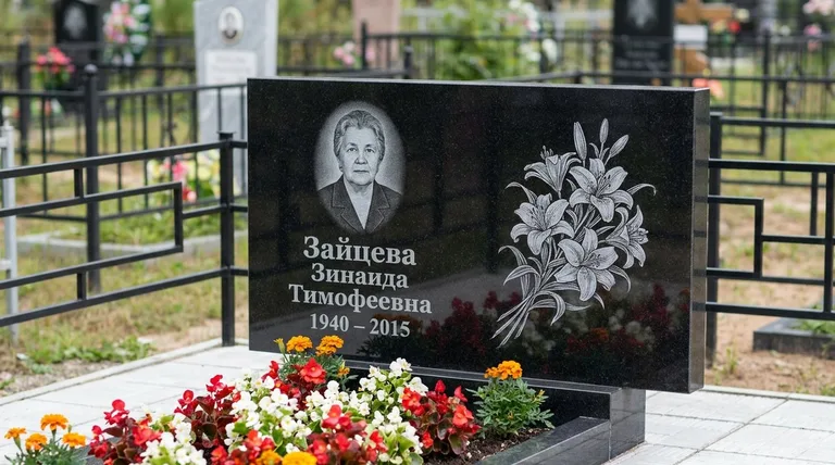 Памятник с гравировкой лилий — выполненная работа «Зайцева» в Самаре