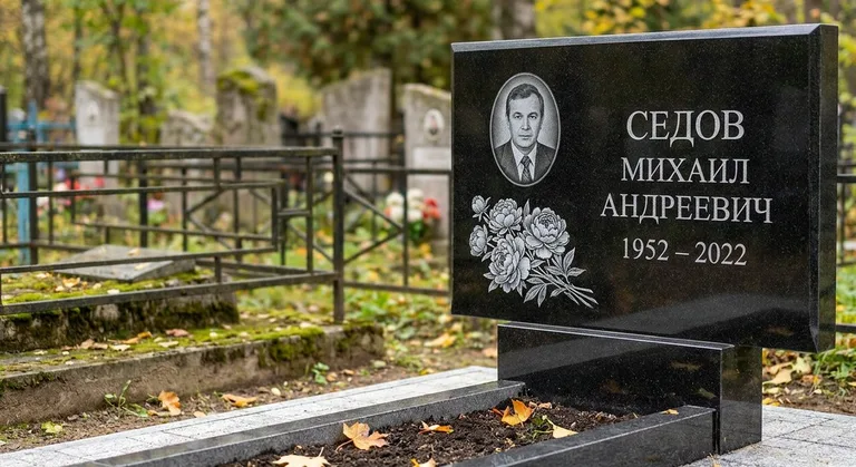 Памятник с гравировкой пионов — выполненная работа «Седов» в Самаре