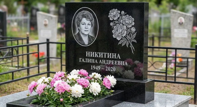 Памятник с гравировкой пионов — выполненная работа «Никитина» в Самаре