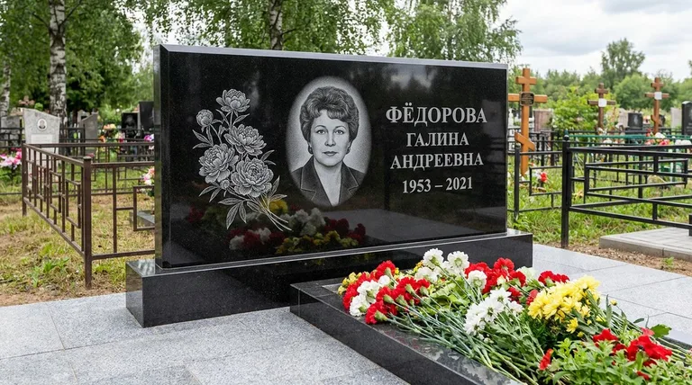 Памятник с гравировкой пионов — выполненная работа «Фёдорова» в Самаре