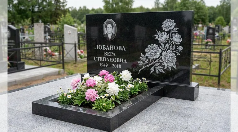 Памятник с гравировкой пионов — выполненная работа «Лобанова» в Самаре