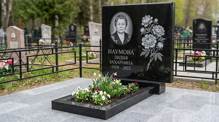 Памятник с гравировкой пионов — выполненная работа «Наумова» в Самаре