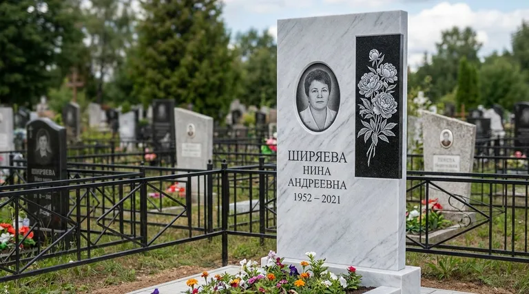 Памятник с гравировкой пионов — выполненная работа «Ширяева» в Самаре