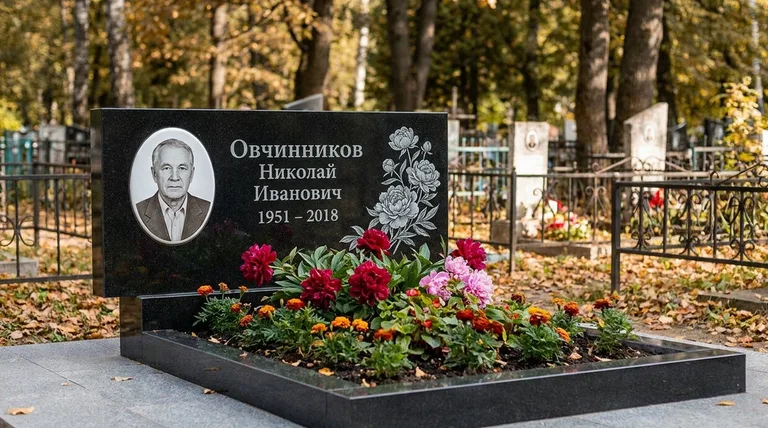 Памятник с гравировкой пионов — выполненная работа «Овчинников» в Самаре