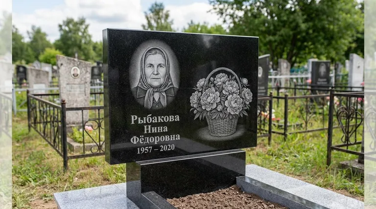 Памятник с гравировкой пионов — выполненная работа «Рыбакова» в Самаре