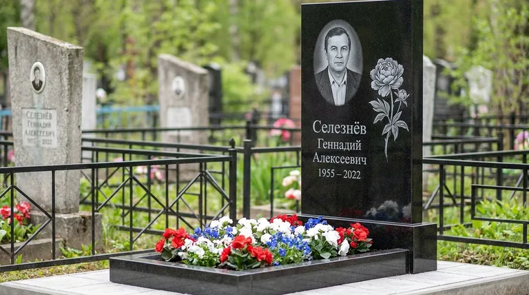 Памятник с гравировкой пионов — выполненная работа «Селезнёв» в Самаре