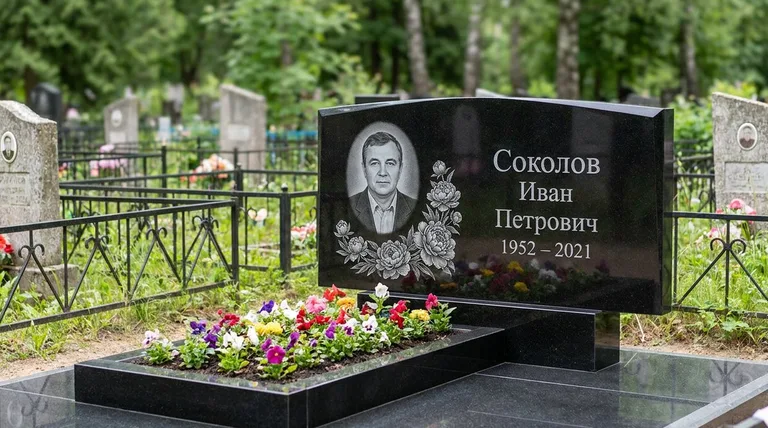 Памятник с гравировкой пионов — выполненная работа «Соколов» в Самаре