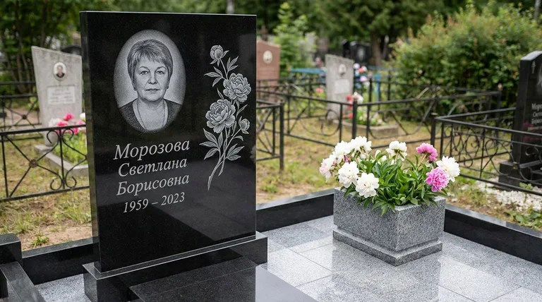 Памятник с гравировкой пионов — выполненная работа «Морозова» в Самаре