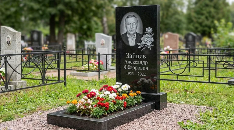 Памятник с гравировкой пионов — выполненная работа «Зайцев» в Самаре