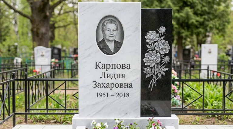 Памятник с гравировкой пионов — выполненная работа «Карпова» в Самаре