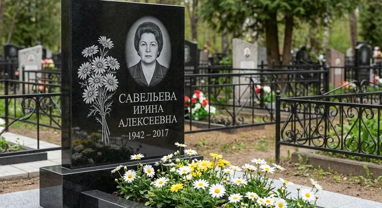 Памятник с гравировкой ромашек — выполненная работа «Савельева» в Самаре
