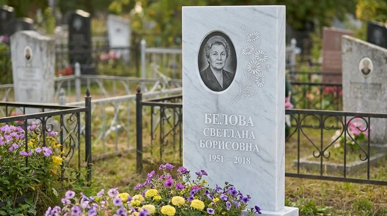 Памятник с гравировкой ромашек — выполненная работа «Белова» в Самаре