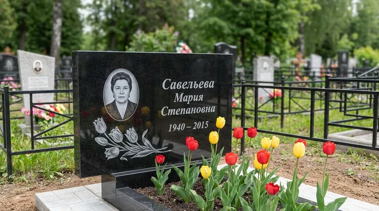 Памятник с гравировкой тюльпанов — выполненная работа «Савельева» в Самаре