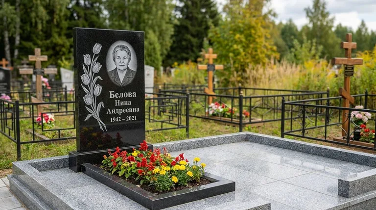 Памятник с гравировкой тюльпанов — выполненная работа «Белова» в Самаре