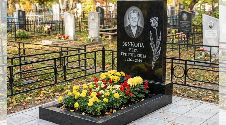 Памятник с гравировкой тюльпанов — выполненная работа «Жукова» в Самаре