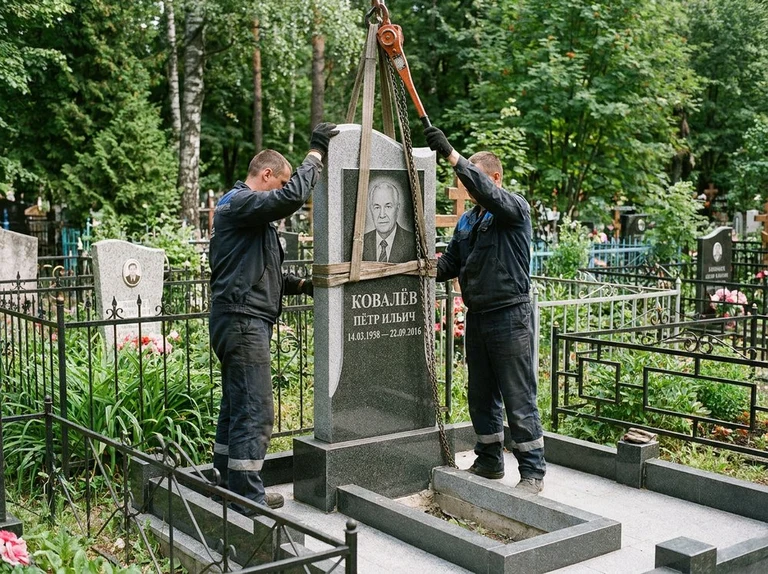 Демонтаж памятника на кладбище в Самаре — бригада аккуратно снимает старый гранитный памятник с могилы