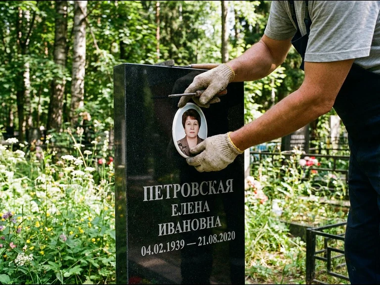 Фото на керамике на памятник в Самаре — мастер устанавливает овальный керамический портрет на гранитный памятник