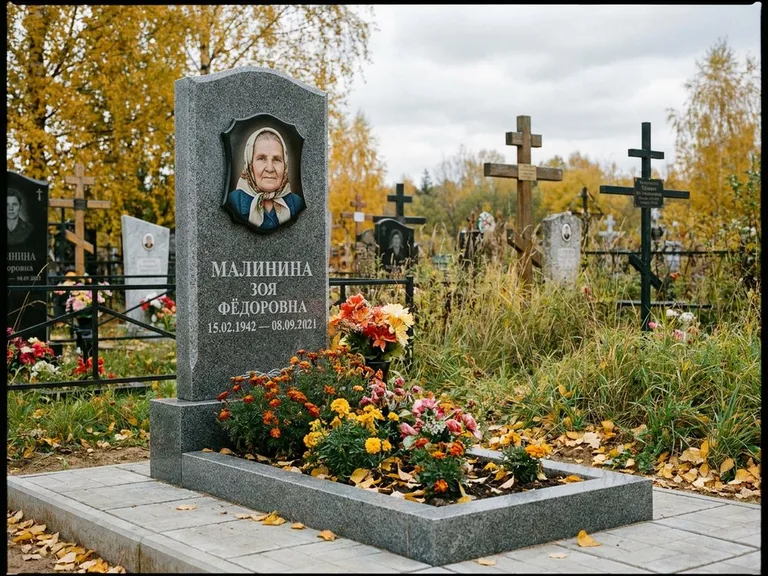 Чёрно-белый керамический портрет на памятнике в Самаре