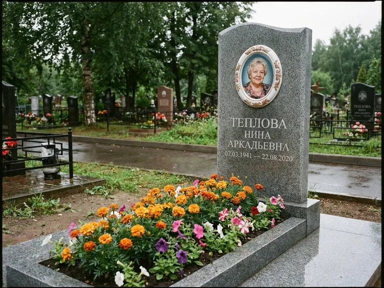 Керамический портрет на памятнике с цветами в Самаре