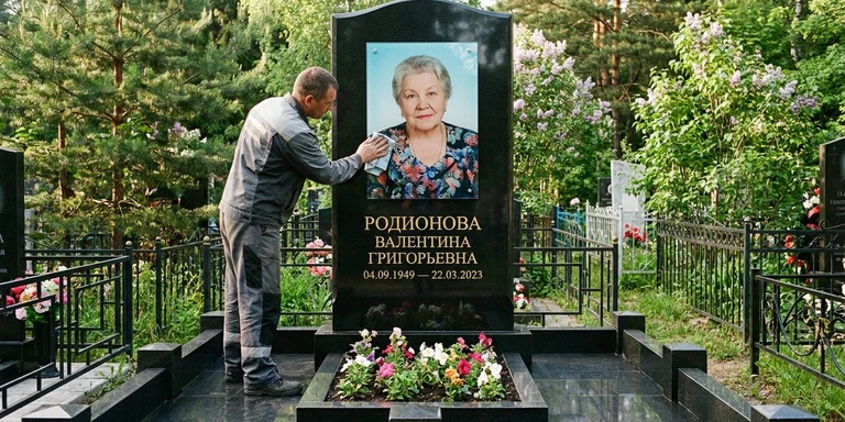 Фотокерамика и печать фото на памятник в Самаре — мастер устанавливает цветной портрет на стекле на гранитный памятник