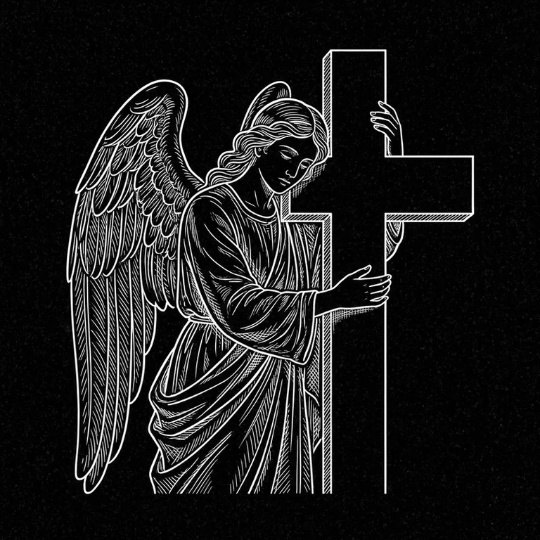 Эскиз гравировки ангела на памятник — ангел, обнимающий крест в Самаре
