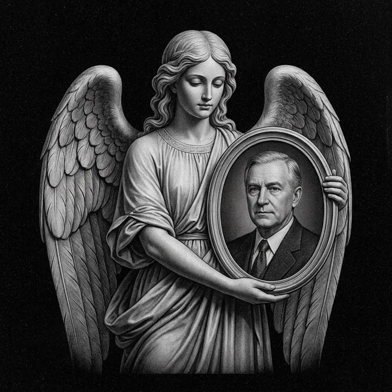 Эскиз гравировки ангела на памятник — объёмный ангел с портретом в Самаре