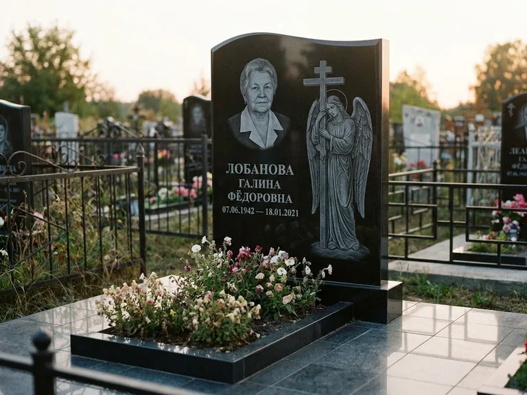 Памятник с гравировкой ангела — гравировка ангела с крестом рядом с эпитафией, работа «Лобанова» в Самаре