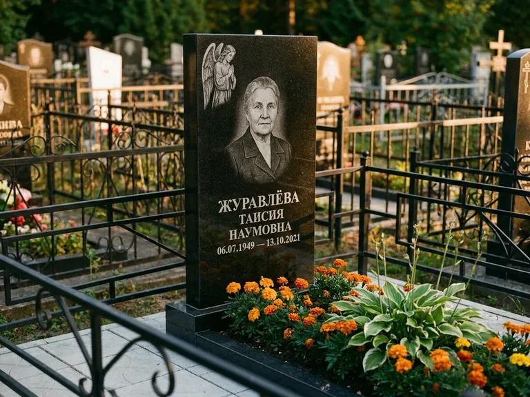 Памятник с гравировкой ангела — гравировка молящегося ангела в верхней части стелы, работа «Журавлёва» в Самаре