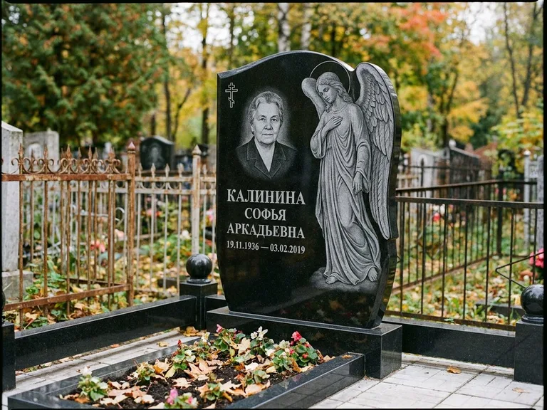 Памятник с гравировкой ангела — гравировка ангела с крестом рядом с эпитафией, работа «Игнатова» в Самаре
